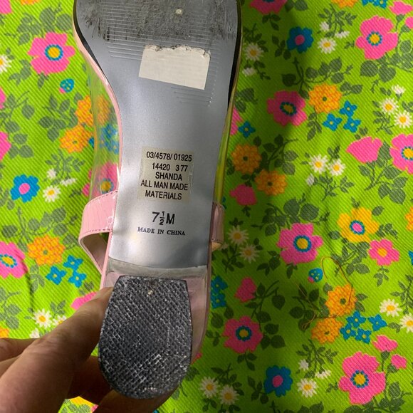 Vintage Pierre Dumas Pink Floral Clear Unique Chunky Heel Mule Sandal Size 7.5 - Picture 10 of 15